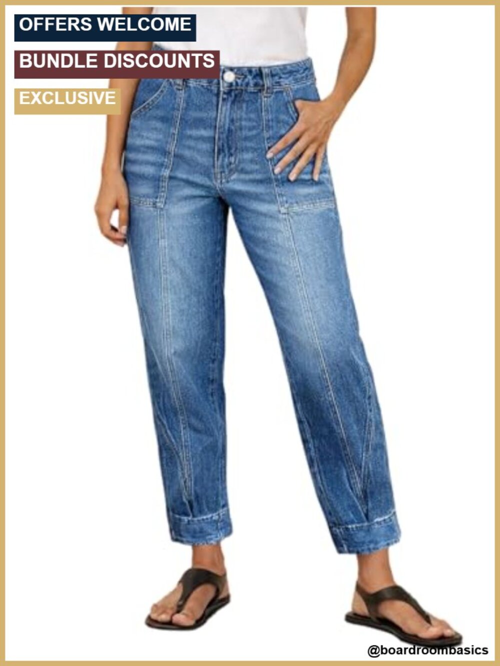 High Rise Straight Leg Loose Fit Denim Jeans Women Seam Front Patch Pockets